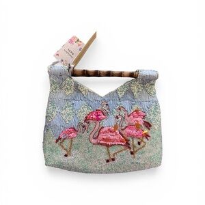 Pink Flamingo Beaded Shoulder Bag with Bamboo Handle